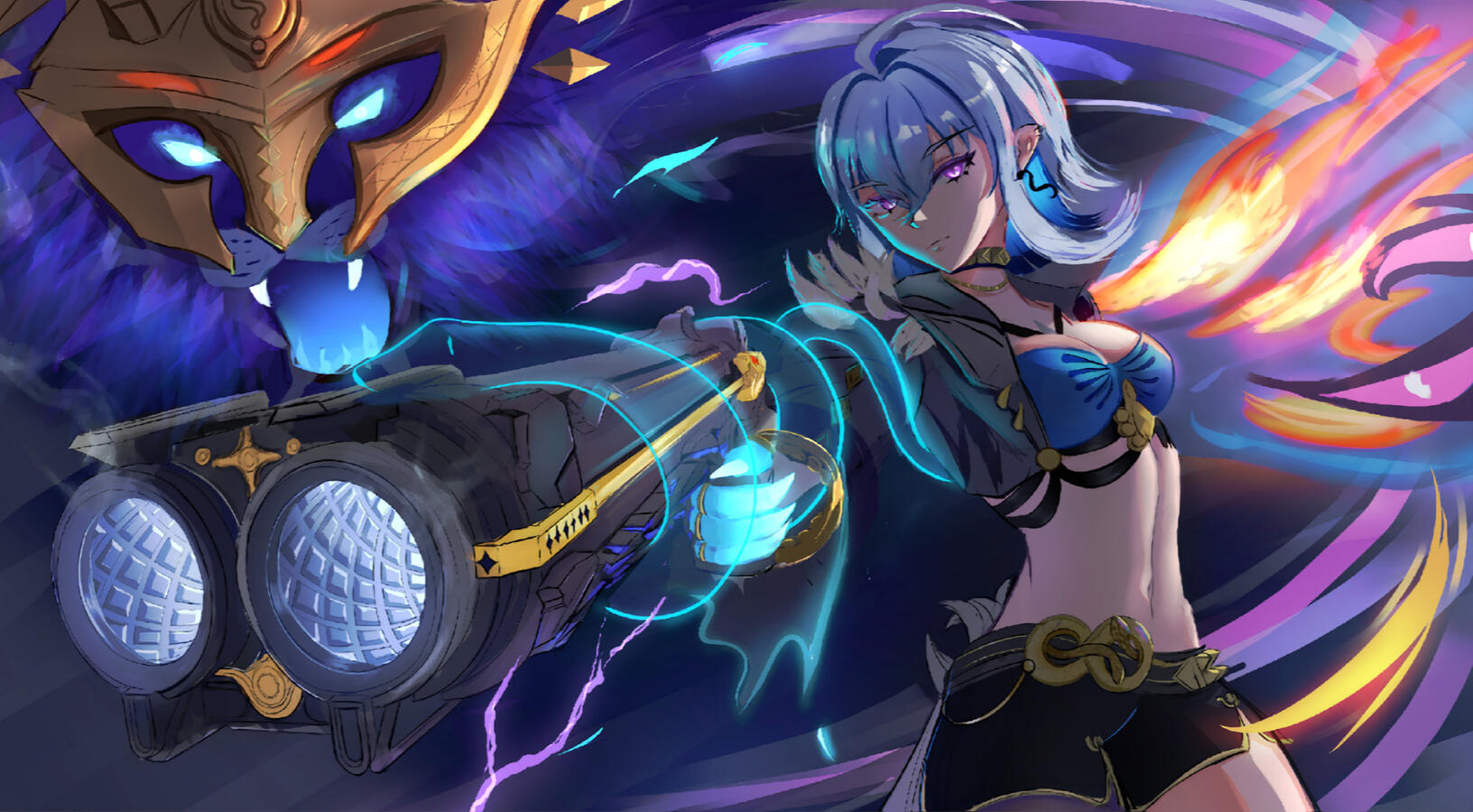 Splash art of Galbrena from wuthering waves looking at you poiting her shotgun to the frond, at her side, her chimera spirit (demon) companion by drawnra